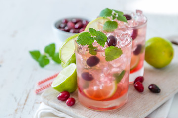 Cranberry mojito on rustic wood background