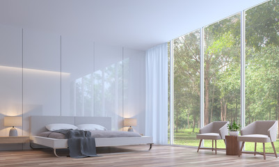 Modern white bedroom minimal style 3d rendering image.The room has wooden floor,There are large window overlooking to the nature