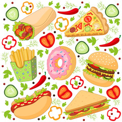 Vector burger pizza slice, roll doner kebab potato fry sandwich donut set. Fast food flat cartoon isolated illustration on a white background. Fast food objects mixed with different vegetables, sweets