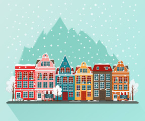 Fototapeta premium Vector illustration of european winter town. Flat design. Old houses.