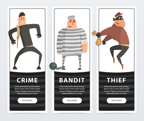Crime, bandit, thief, criminal and convict banners cartoon vector elements for website or mobile app