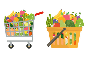 Shopping basket and cart with vegetables and fruits. Healthy lifestyle, vegan or vegetarian diet, raw food, healthy cooking. Vector illustration.