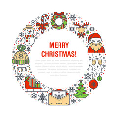 Christmas new year banner illustration. Vector line icon of winter holidays christmas tree, gift, santa claus, letter to santa, presents, wreath. Celebration party circle template with place for text.