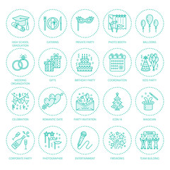 Event agency, wedding organization vector line icon. Party service - catering, birthday cake, balloon decoration, flower delivery, invitation, clown. Thin linear sign of corporate party, team building