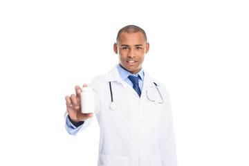 african american doctor with pill bottle