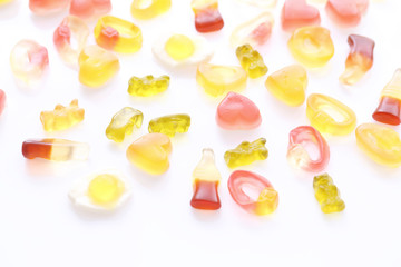 gummy candy with cola heart egg ring bear isolated in white background