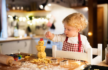 Toddler boy making gingerbread cookies at home.