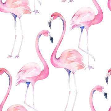 Watercolor seamless pattern with exotic flamingo. Summer decoration print for wrapping, wallpaper, fabric. Hand drawn illustration