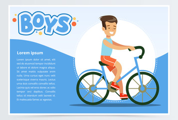 Fototapeta premium Boy cycling on bicycle, boys banner for advertising brochure, promotional leaflet poster, presentation flat vector element for website or mobile app