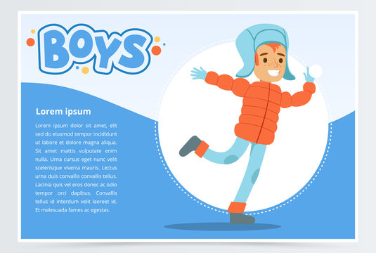 Smiling boy in winter clothes, boys banner for advertising brochure, promotional leaflet poster, presentation flat vector element for website or mobile app