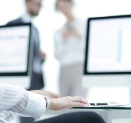 close-up of a work desk in a modern office. business concept.