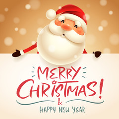 Santa Claus with big signboard. Merry Christmas calligraphy lettering design. Creative typography for holiday greeting.