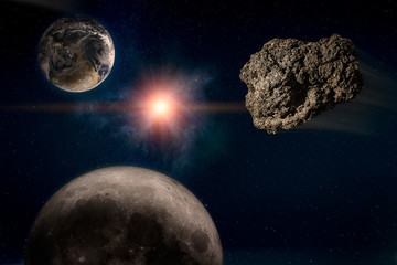Meteor running in the starry sky, toward the planet Earth, before an imminent catastrophe. Elements of this image furnished by NASA © Maxal Tamor