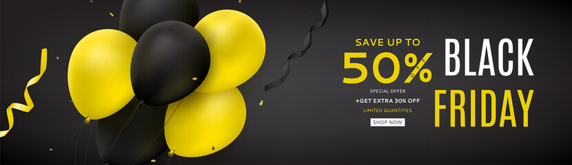 Promo Web Banner for Black Friday Sale. Dark background with yellow and black balloons for seasonal discount offer. Vector illustration with confetti and serpentine.