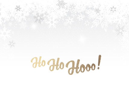 Christmas background with white snowflakes and golden Ho-ho-hooo! text - light version