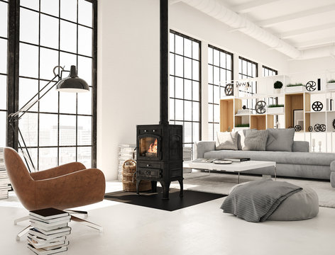 3d rendering. living room with cast iron fireplace in modern loft apartment.