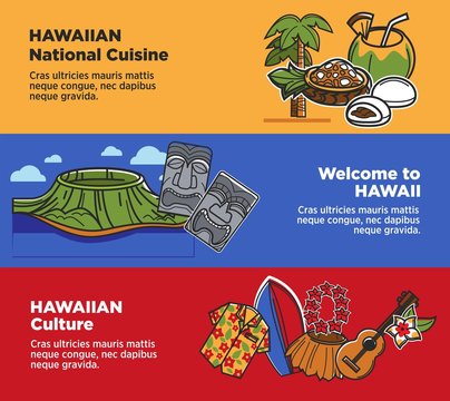 Hawaii travel landmarks and famous cukture sightseeings or tourism attractions vector banners