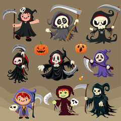 Vintage Halloween poster design with vector reaper characters. 