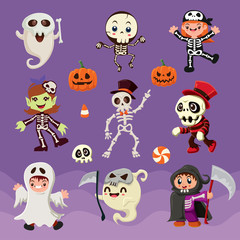Obraz premium Vintage Halloween poster design with vector skeleton characters. 
