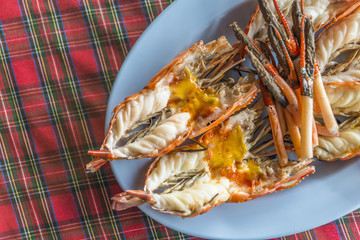 Grilled king tiger prawns or grilled king size prawns. Top shot image.