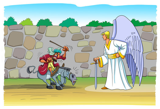 Balaam is riding on a Donkey. They meet the Angel in their Way