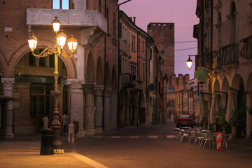 Montagnana, Italy - August 6, 2017: Illuminated The streets of the old city at night sometimes.