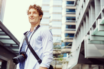 Male tourist in city