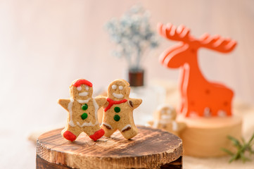 Christmas food. Gingerbread man and gingerbread star cookies in 

Christmas setting with elk. Xmas dessert