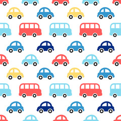 Cute retro seamless boy pattern with colorful cars and buses