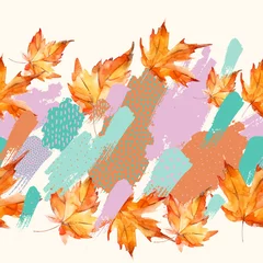 Zelfklevend Fotobehang Autumn watercolor leaves on colorful splatter background © Tanya Syrytsyna