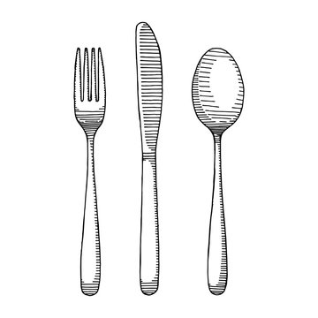 cutlery set sketch. Spoon fork and knife vector illustration isolated black