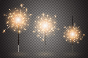 Christmas bengal light set. Realistic sparkler lights isolated on transparent background. Festive bright fireworks. Element of decorations for celebrations and holidays. Vector illustration
