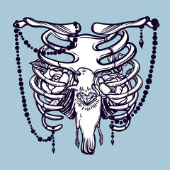 Skeleton ribs, bird and flowers. Vintage vector illustration. Tattoo style. Great for tattoos, print t-shirts and coloring books.