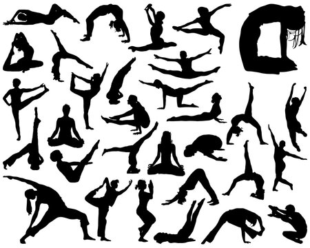 Black silhouettes of yoga and gymnastics, vector