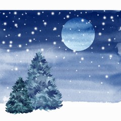Winter night. Watercolor card. Landscape. 