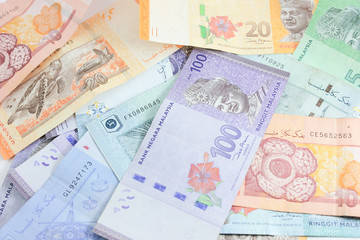 Closeup shot of Ringgit Malaysia banknotes 