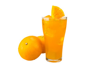 Whole Mandarin oranges and glass of orange juice isolated on white background with clipping path