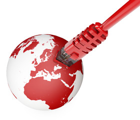 Cavo ethernet, connessione internet, velocità di banda. Il mondo nel web. Connessioni mondiali, globo - obrazy, fototapety, plakaty