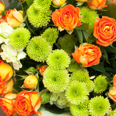 Bouquet of different flowers, roses, carnations, gerberas, sunflowers, irises..