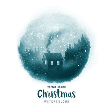 A Winter Christmas Watercolor Scenic With A House In A Forest With Falling Snow. Vector Illustration