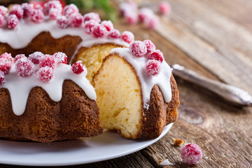 Candied cranberries bundt cake with lemon sugar glaze