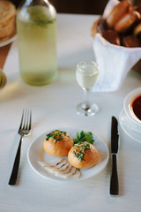 Russian and ukranian food - pampushki pastries on plate.