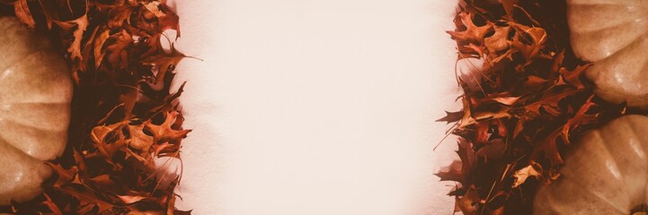 Overhead view of pumpkins and autumn leaves