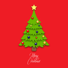 Christmas tree made from paper on red background. Design elements for holiday cards. Vector illustration.