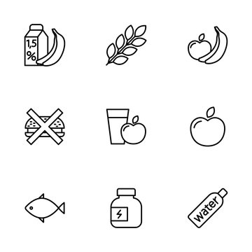 thin line fitness nutrition, low-calorie food icons set on white