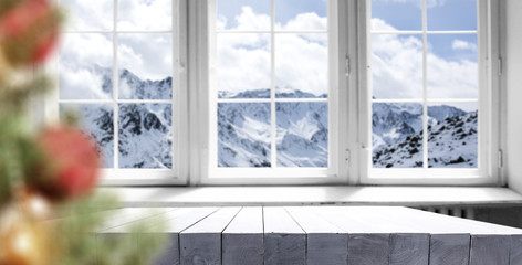 Fototapeta na wymiar winter window and desk of free space 