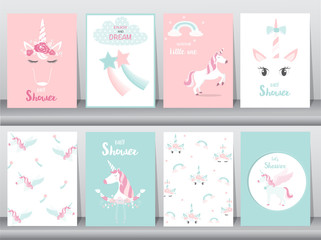 Set of baby shower invitations cards, poster, greeting, template, animals,unicorn, Vector illustrations 