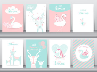 Fototapeta na wymiar Set of baby shower invitations cards,poster,greeting,template,stork,goose,duck,Vector illustrations
