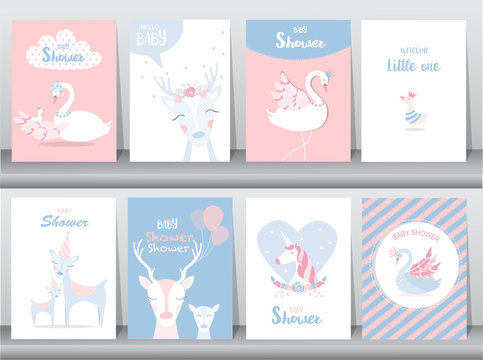 Set of baby shower invitations cards,poster,greeting,template,stork,goose,duck,deer,Vector illustrations