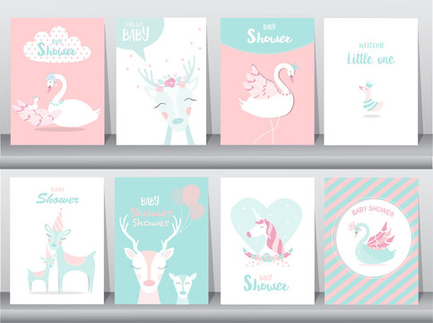 Set of baby shower invitations cards,poster,greeting,template,stork,goose,duck,Vector illustrations